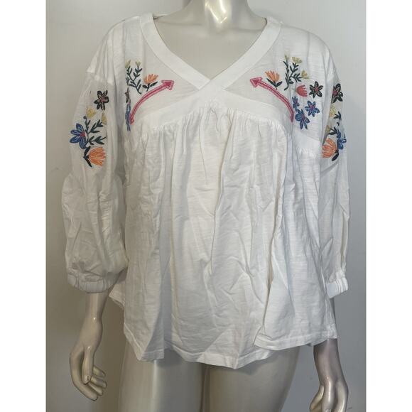 Double D Ranch Embroidered Mountain Meadow Top 1X NWT Floral White Cotton - Picture 1 of 10